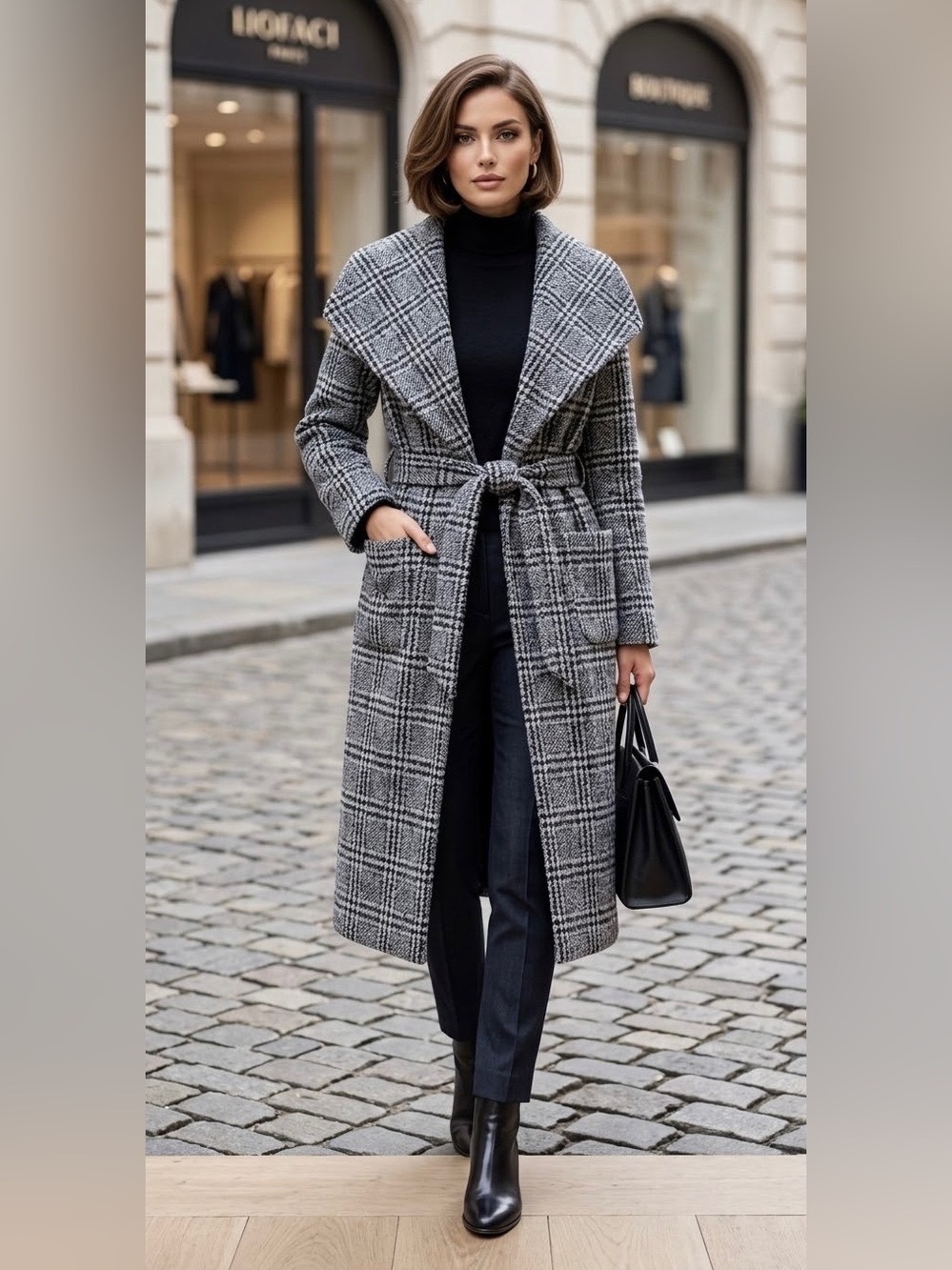 Shinestar Black & Gray Plaid Long Coat with Shawl Collar (Sz. L)